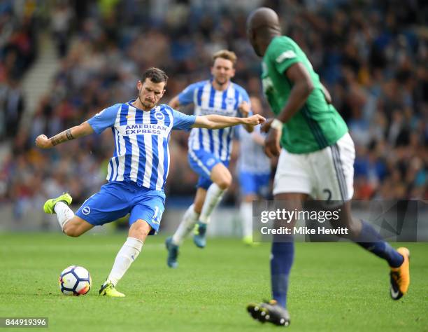 Pascal Gross of Brighton scores his second goal during the Premier League match between Brighton and Hove Albion and West Bromwich Albion at Amex...