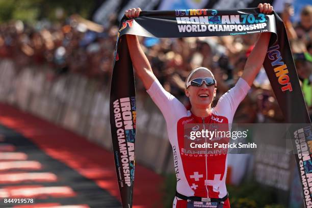 Daniela Ryf of Switzerland celebrates as she wins the IRONMAN 70.3 Women's World Championship on September 9, 2017 in Chattanooga, Tennessee.