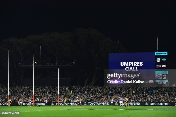 General view of play during the AFL First Elimination Final match between Port Adelaide Power and West Coast Eagles at Adelaide Oval on September 9,...