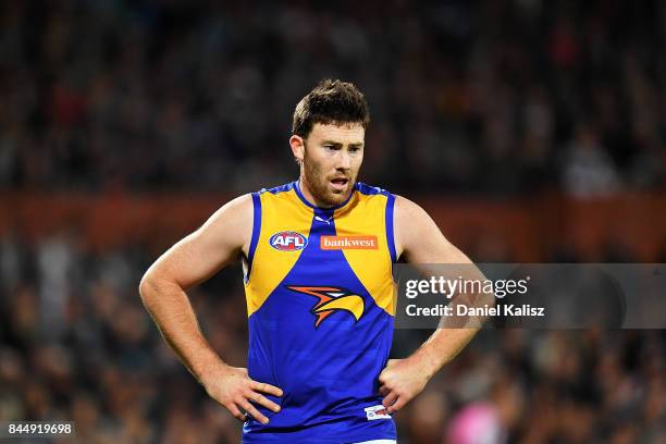 Jeremy McGovern of the Eagles looks on during the AFL First Elimination Final match between Port Adelaide Power and West Coast Eagles at Adelaide...