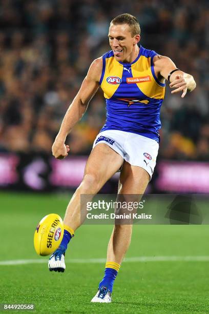 Drew Petrie of the Eagles kicks the ball during the AFL First Elimination Final match between Port Adelaide Power and West Coast Eagles at Adelaide...