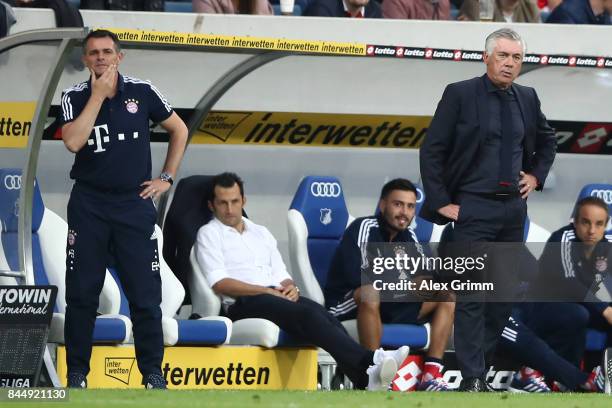 Willy Sagnol , sporting director Hasan Salihamidzic of Bayern Muenchen and coach Carlo Ancelotti of Bayern Muenchen during the Bundesliga match...