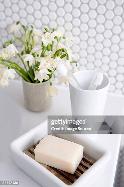 objects in bathroom - saboneteira imagens e fotografias de stock