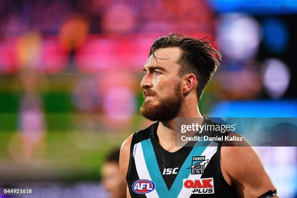 Charlie Dixon of the Power looks on during the AFL First Elimination Final match between Port Adelaide Power and West Coast Eagles at Adelaide Oval...