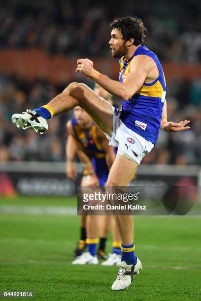Josh Kennedy of the Eagles kicks for goal during the AFL First Elimination Final match between Port Adelaide Power and West Coast Eagles at Adelaide...