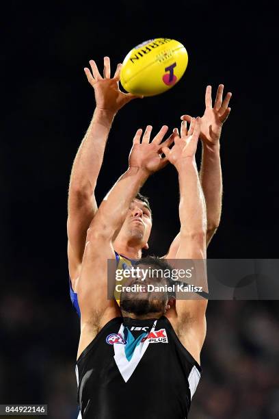 Jamie Cripps of the Eagles marks the ball over Patrick Ryder of the Power during the AFL First Elimination Final match between Port Adelaide Power...