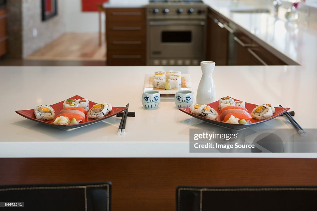 Sushi on kitchen counter