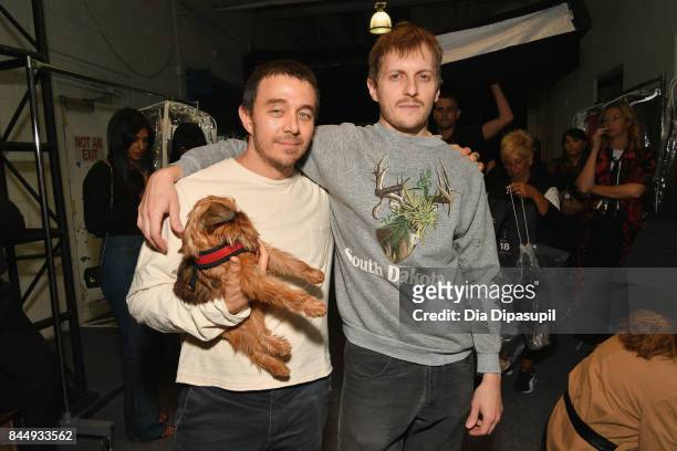 Designers Shane Gabier and Christopher Peters pose backstage for the Creatures of the Wind fashion show during New York Fashion Week: The Shows at...