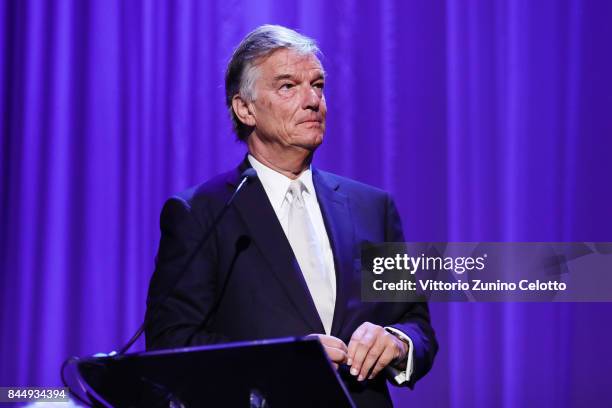 President of Premio Venezia Opera Prima 'Luigi De Laurentiis'' jury Benoit Jacquot speaks on the stage during the Award Ceremony of the 74th Venice...