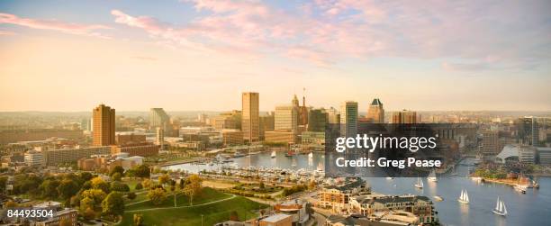 baltimore skyline and inner harbor with sail boats - baltimore - maryland stockfoto's en -beelden