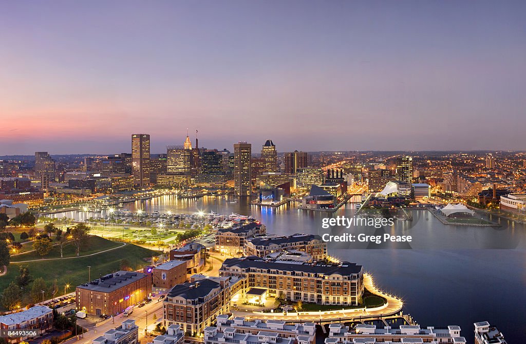 The Baltimore Skyline and Inner Harbor, Evening