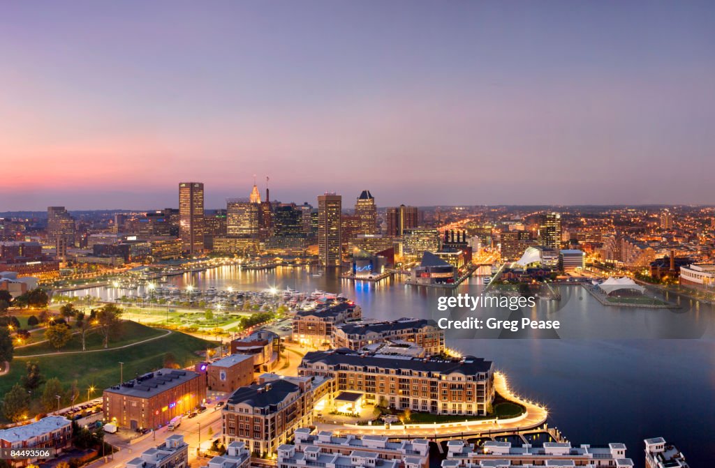 The Baltimore Skyline and Inner Harbor, Evening