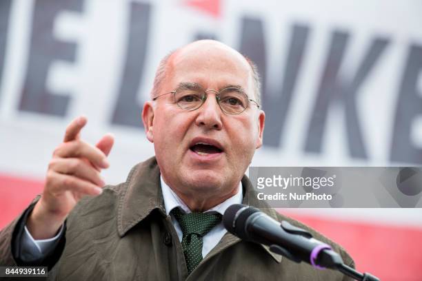 President of the European Left and politician Gregor Gysi speaks at a pre-election party event at Herrmannplatz in Neukoelln in Berlin, Germany on...