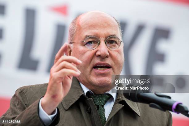 President of the European Left and politician Gregor Gysi speaks at a pre-election party event at Herrmannplatz in Neukoelln in Berlin, Germany on...