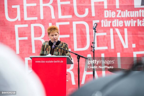 Vice President of Bundestag Petra Pau speaks at a pre-election party event at Herrmannplatz in Neukoelln in Berlin, Germany on September 9, 2017.