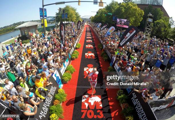 Women's Champion Daniela Ryf of Switzerland crosses the finish line during the the Women's IRONMAN 70.3 St. World Championships on September 9, 2017...