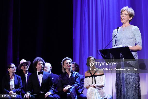 Venezia 74' jury president Annette Bening speaks on the stage with 'Venezia 74' jury members Ildiko Enyedi, Yonfan, Michel Franco, David Stratton,...