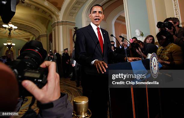 President Barack Obama makes a statement to the news media after meeting with Republicans in the House of Representatives at the U.S. Capitol January...