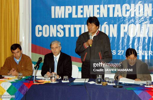 Bolivian President Evo Morales speaks next to the Secretary of the Presidency Juan Quintana, Vice President Alvaro Garcia Linera and the Foreign...