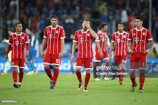 Thiago Alcantara, Javi Martinez, Franck Ribery and James Rodriguez of Bayern Muenchen dejected after the Bundesliga match between TSG 1899 Hoffenheim...