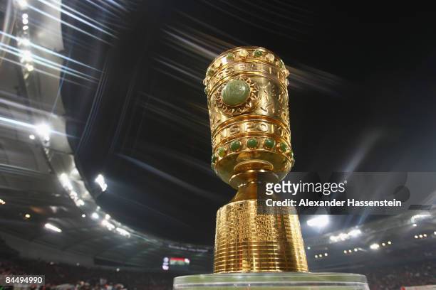 The DFB-Cup trophy is seen prior to the DFB Cup round of 16 match between VfB Stuttgart and FC Bayern Muenchen at the Mercedes-Benz Arena on January...