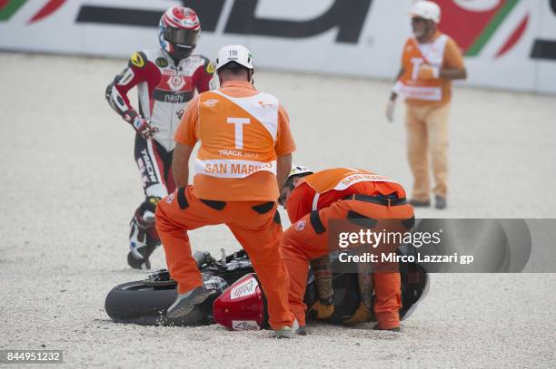 Tetsuta Nagashima of Japan and Teluru SAG Team crashd out at the end of the Moto2 qualifying during the MotoGP of San Marino - Qualifying at Misano...