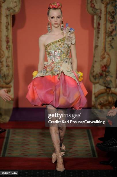 Model walks the runway at the Christian Lacroix fashion show during Paris Fashion Week Haute Couture Spring/Summer 2009 on January 27, 2009 in Paris,...