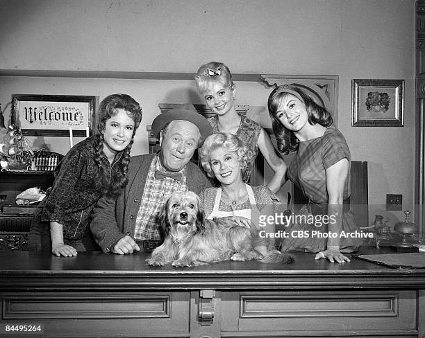 Portrait of the cast of 'Petticoat Junction' as they pose on set during the filming of an episode entitled 'Betty Jo's Dog,' Los Angeles, California,...