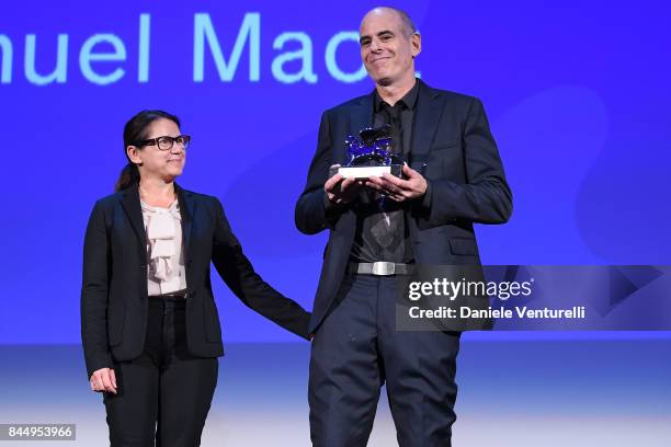 Samuel Maoz receives the Silver Lion - Grand Jury Prize Award for 'Foxtrot' from 'Venezia 74' jury member Ildiko Enyedi during the Award Ceremony of...