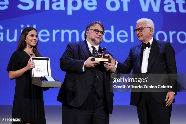 Director Guillermo del Toro receives the Golden Lion for Best Film Award for 'The Shape Of Water' from President of the festival Paolo Baratta and a...