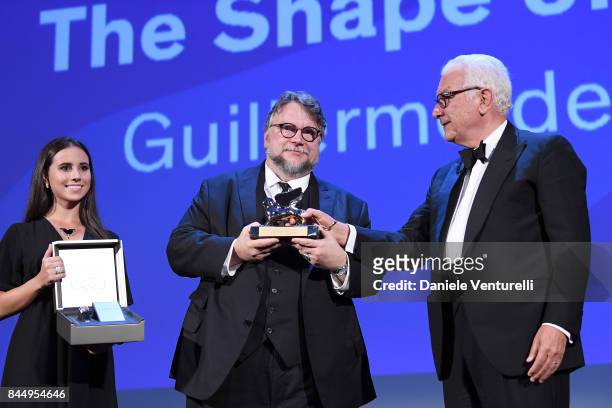 Guillermo del Toro receives the Golden Lion for Best Film Award for 'The Shape Of Water' from President of the festival Paolo Baratta during the...