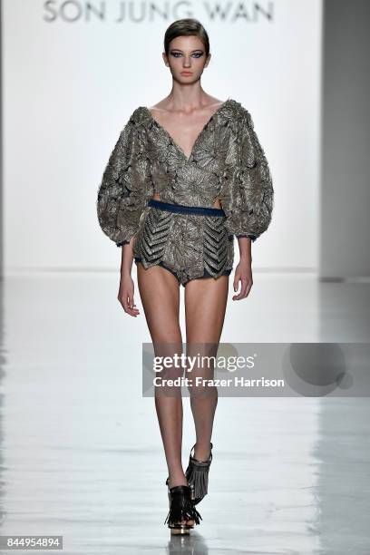 Model walks the runway at the Son Jung Wan fashion show during New York Fashion Week: The Shows at Gallery 3, Skylight Clarkson Sq on September 9,...