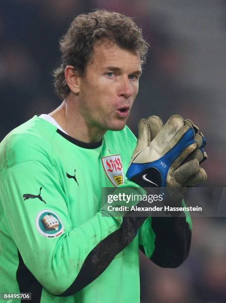 Jens Lehmann of Stuttgart reacts during the DFB Cup round of 16 match between VfB Stuttgart and FC Bayern Muenchen at the Mercedes-Benz Arena on...