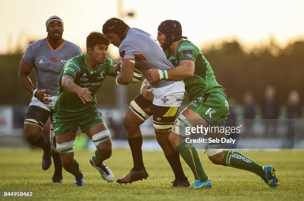 Galway , Ireland - 9 September 2017; Khay Majola of Southern Kings is tackled by Jarrad Butler, left, and John Muldoon of Connacht during the...