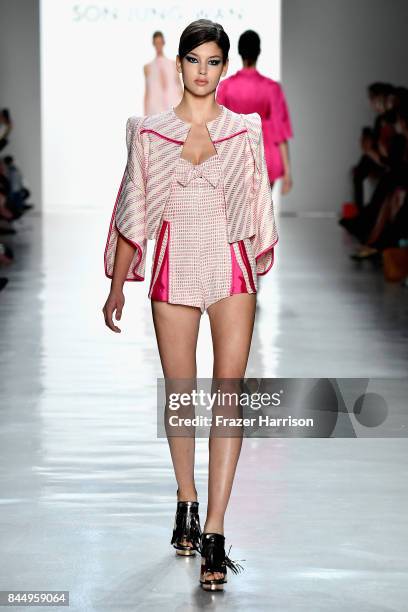 Model walks the runway at the Son Jung Wan fashion show during New York Fashion Week: The Shows at Gallery 3, Skylight Clarkson Sq on September 9,...