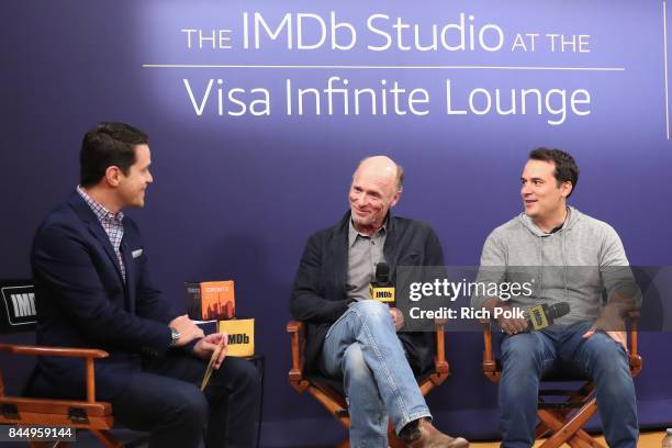 Host Dave Karger, actor Ed Harris and director Mark Raso of 'Kodachrome' attend The IMDb Studio Hosted By The Visa Infinite Lounge at The 2017...