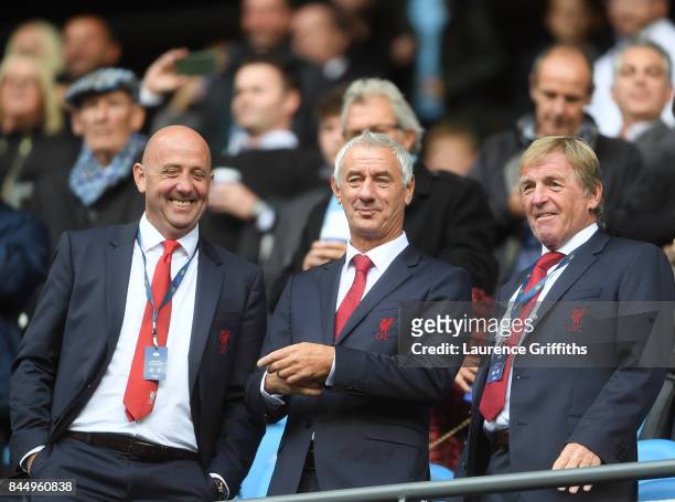 Liverpool legends Gary McAllster, Ian Rush and Kenny Dalglish share a joke prior to the Premier League match between Manchester City and Liverpool at...