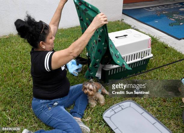 Ivelisse Soto prepares carying crates for her dogs, Tinzy and Looney, outside Lakeside Elementary School hurricane shelter, which allows pets, in...