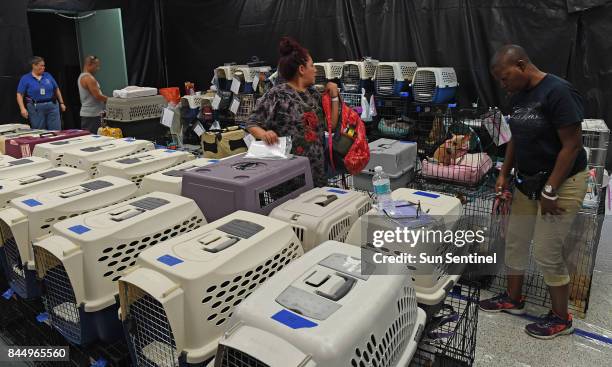 People seek shelter from Hurricane Irma with their pets at the West Boynton Park and Recreation Center in Boynton Beach, Fla., on Saturday, Sept. 9,...