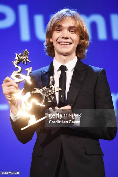 Charlie Plummer receives the 'Marcello Mastroianni' Award for Best New Young Actor or Actress for 'Lean On Pete' during the Award Ceremony of the...