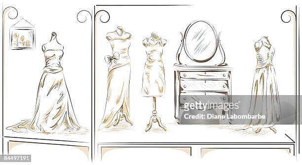 bridal shop window - wedding dress stock-grafiken, -clipart, -cartoons und -symbole