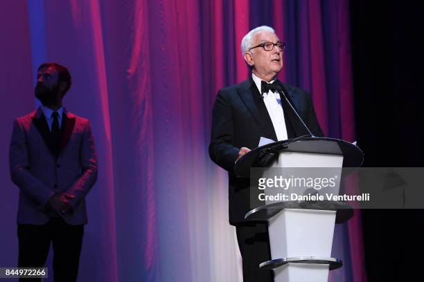 President of the festival Paolo Baratta speaks on the stage during the Award Ceremony of the 74th Venice Film Festival at Sala Grande on September 9,...