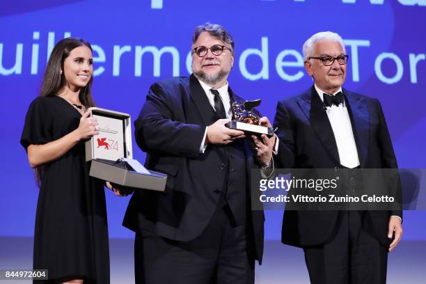 Guillermo del Toro receives the Golden Lion for Best Film Award for 'The Shape Of Water' from President of the festival Paolo Baratta during the...