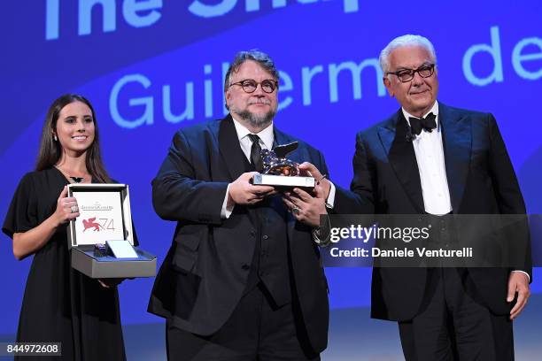 Guillermo del Toro receives the Golden Lion for Best Film Award for 'The Shape Of Water' from President of the festival Paolo Baratta during the...