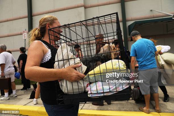 Woman carries her dog as people arrive at a shelter at Alico Arena where thousands of Floridians are hoping to ride out Hurricane Irma on September...