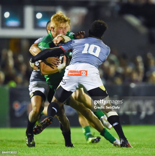 Galway , Ireland - 9 September 2017; Darragh Leader of Connacht is tackled by Godlen Masimla, left, and Kurt Coleman of Southern Kings during the...