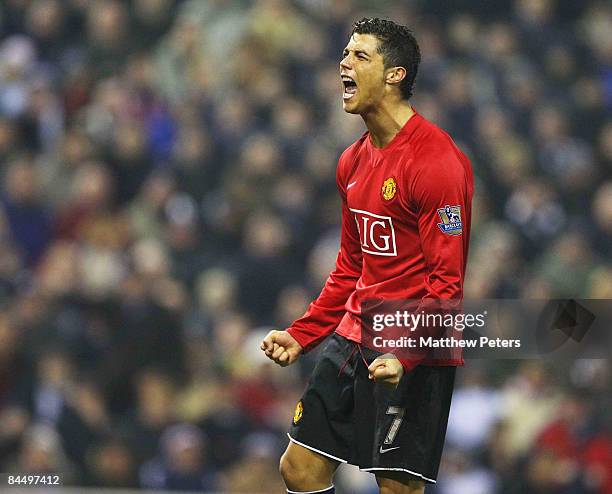 Cristiano Ronaldo of Manchester United celebrates scoring their fourth goal during the Barclays Premier League match between West Bromwich Albion and...