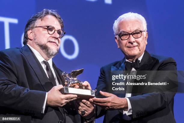 Guillermo Del Toro receives the Golden Lion Award for Best film for The Shape of Water, during the Award Ceremony of the 74th Venice Film Festival at...