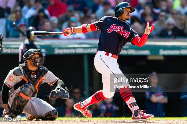 Francisco Lindor of the Cleveland Indians hits a solo home run during the seventh inning against the Baltimore Orioles at Progressive Field on...