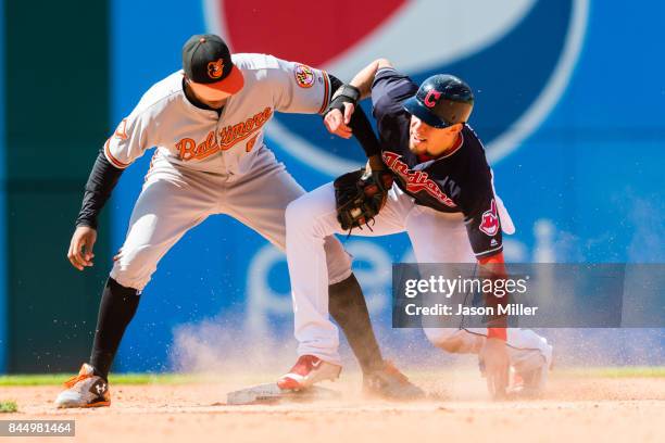 Bradley Zimmer of the Cleveland Indians is safe at second on a stolen base as second baseman Jonathan Schoop of the Baltimore Orioles tries to make...